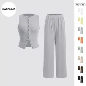 KatchMe Women's Casual Solid Color Sleeveless Button-Up Slim Tank Top & Wide Leg Trousers Co-ord, Comfort Two Piece Outfits, Holiday Outfits 2025