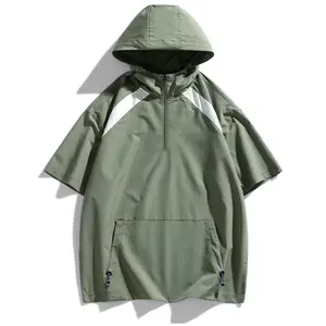 Men’s American workwear short-sleeve half-zip drawstring hoodie T-shirt with slanted chest pockets; color-blocked minimalist design. Quick-drying for summer outdoor wear—breathable, loose, comfortable, versatile, trendy casual style for everyday and outdo