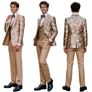 Men's 3-Piece Formal Suit Set, Baroque Shiny Pattern, Slim Fit Tailored Shape, Satin Lapel & Decorative Pockets, Fashionable Comfortable Men's Tuxedo for Wedding Banquet Dance Party Holiday Formal Evening Events All Seasons