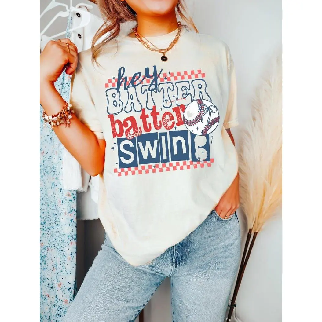 Baseball Shirt Coquette Game Day Outfit Hey Batter Batter Swing Cotton Tee for Baseball Mom Gift Soft Ring-spun Fabric Relaxed Fit