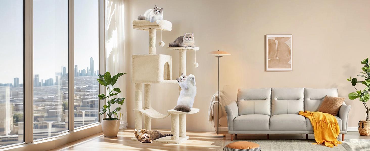 Multi-Cat Climbing Tree Tower (44/54 in), Natural Sisal Scratching Posts, Condo, Extended Platform, Hammock, Pet House for Indoor Use Cats and Kittens
