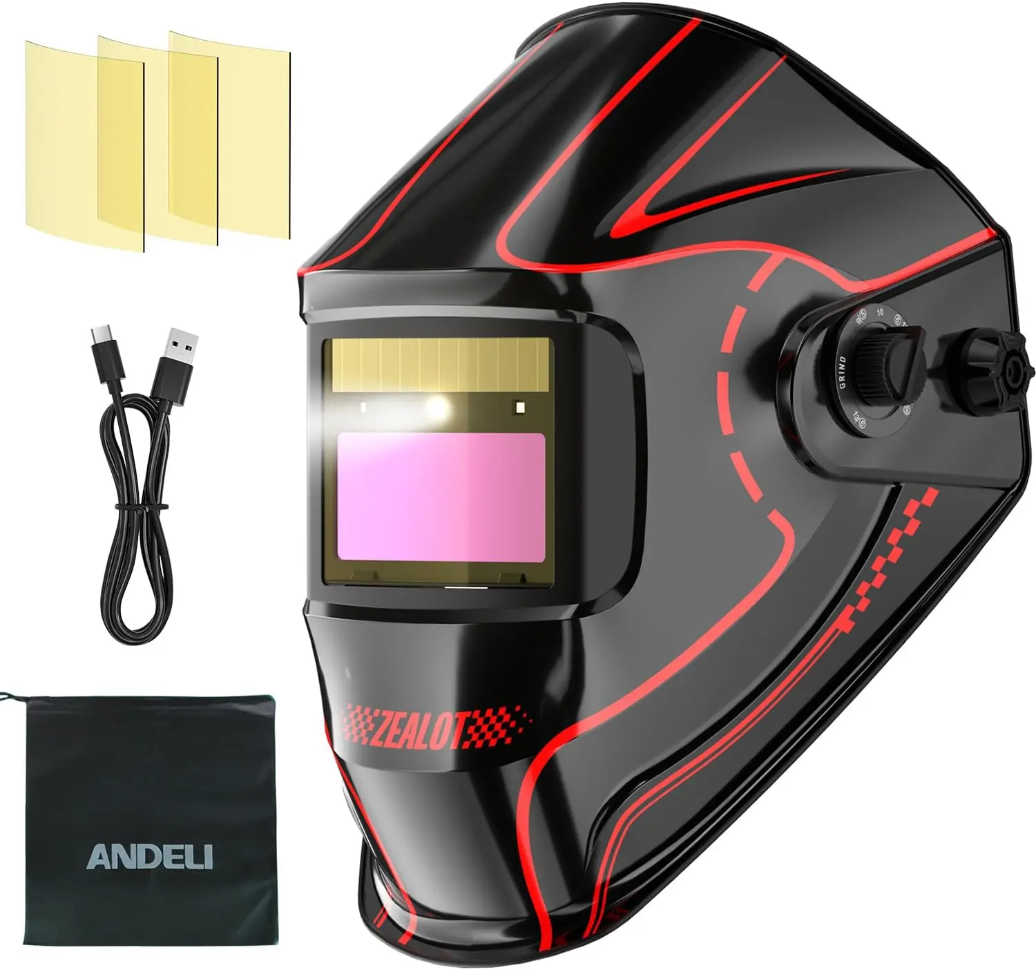 ANDELI Newest Auto Darkening Welding Helmet - Full Digital Filter, Rechargeable Built-in Cells, True Color, Wide Shade 3/5-9/9-13, Heavy Duty Hood, Handle for Welding, Cutting