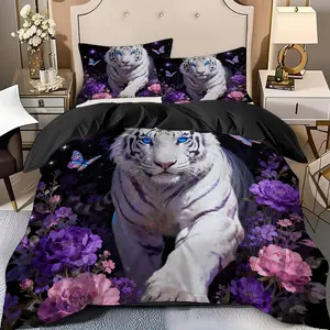 2/3 Pcs Dreamy White Tiger Night Scene Quilt Cover Set(1* Quilt Cover+1/2* Pillowcase,No Filling)Soft High-End Digital Printed Bedding Set,Perfect Gift For Family,Friends During The New Year Holiday!Suitable For All Year Round!Machine Washable