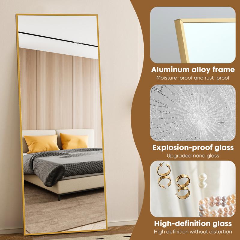 【Black Friday】 71 "x26" full-length mirror-floor-standing, wall-mounted or tilting full-length mirror with arched rectangular design, frameless suspension mirror suitable for bedrooms, corridors and entrance passages, gold/black