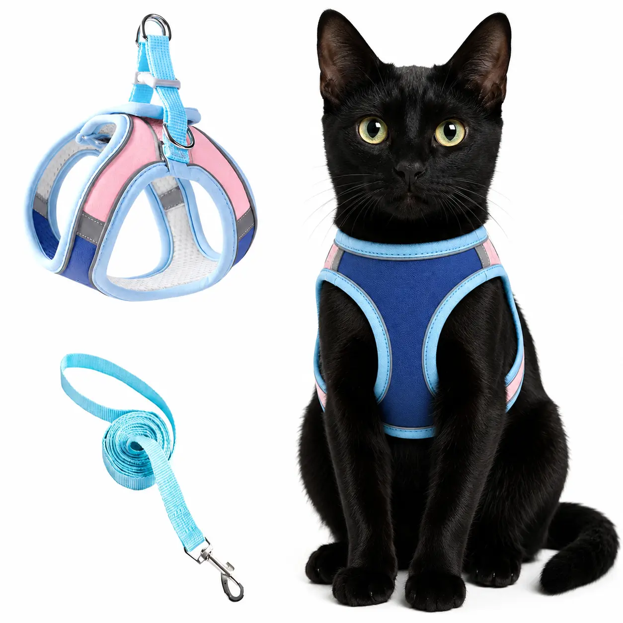 Adjustable Escape Proof Cat Harness & Leash Set, Reflective Soft Mesh Vest for Safe Easy Walks catharness training