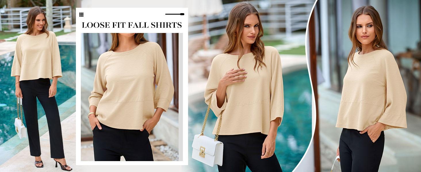 Imily Bela Womens Spring Summer 3/4 Batwing Sleeve Tops Casual Loose Fit Crewneck Shirts Cute Flowy Trendy Tees Blouse