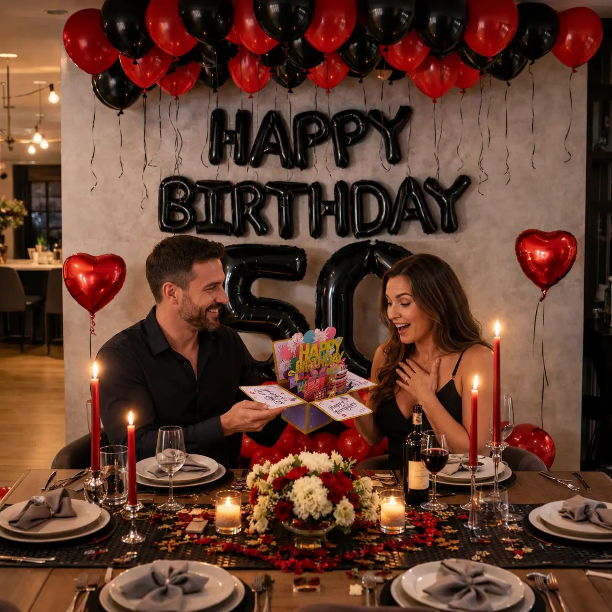 Black-Red Latex Festive Balloons & Birthday Graphic Balloons with 3D Heart Pop-Up Greeting Cards Set, Decoration Supplies for Room, Party, Birthday Party Decorations, Greeting Cards And Balloons
