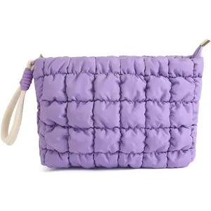 Puffer Quilted Makeup Bag with Handle Detachable Cute Puffy Cotton  Bag, Small Toiletry Zipper Make Up Pouch Purse, Checkered Clutch Bag, Travel Storage Organizer Case, Purple