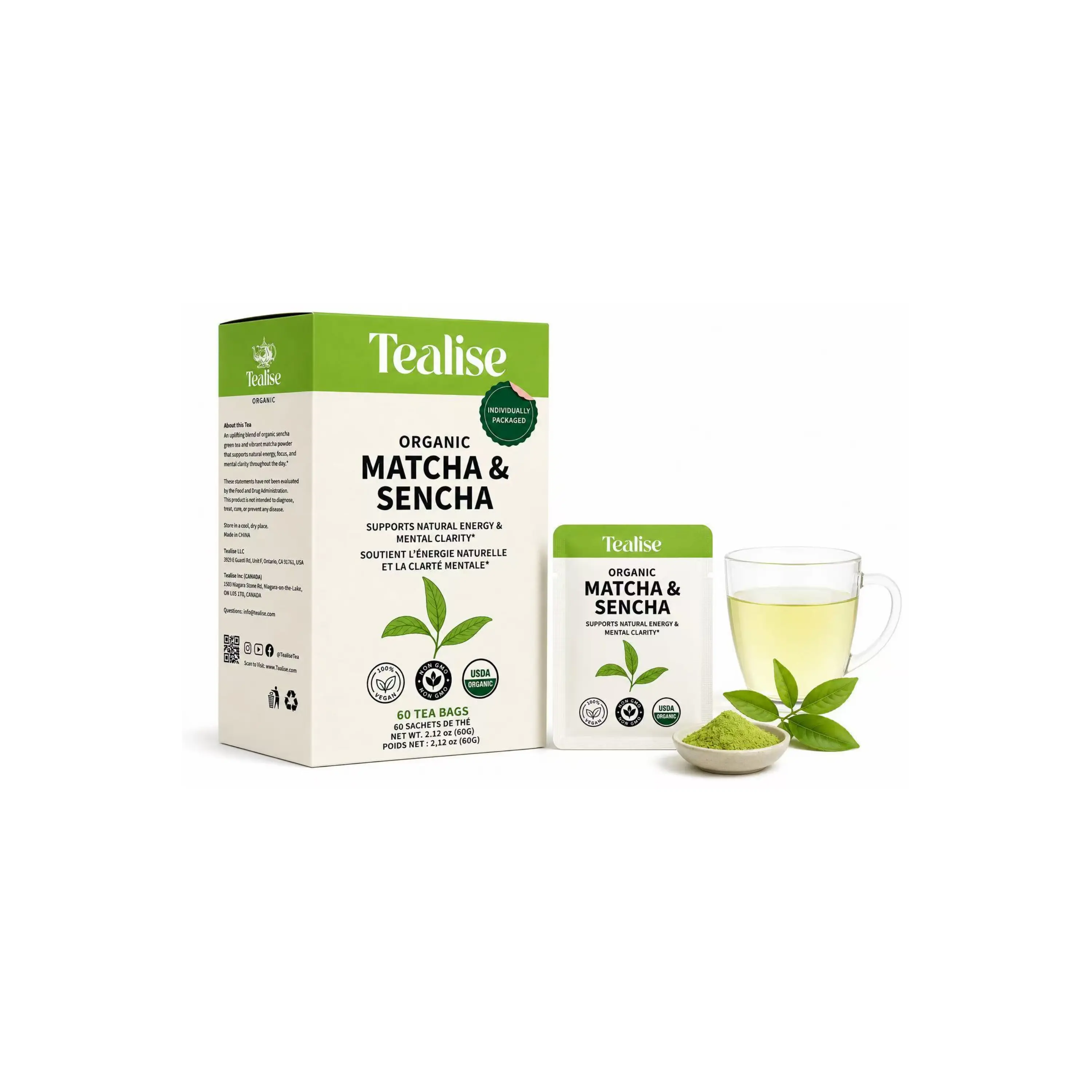 Matcha and Sencha Teabags 60 Servings with  individual Wrap