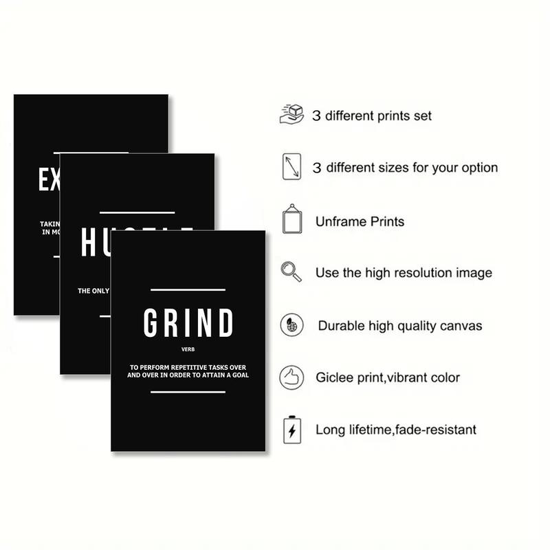 Unframed Modern Art Poster, 3 Counts/set Motivational Grind Hustle Success Inspirational Quotes Canvas Wall Art, Office Decor, Entrepreneur Gifts, Modern Home Decoration