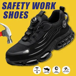 Men's Breathable Mesh Work Sneakers Durable Anti Slip Safety Steel Toe Comfort Fit All Seasons Casual Striped Elastic Closure Non Slip EVA Sole