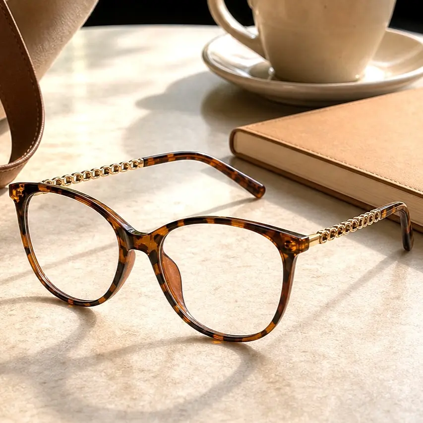Brown Tortoise Cat Eye Glasses, Clear Lens Fashion Frames with Light Gold Decorative Temples, Blue Light Glasses, for Work, Study and Daily screen use wear