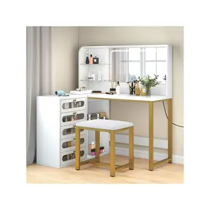 New 2024  47 Inch Vanity Set LED Lighted Mirror Makeup Dressing Table Dresser Desk With Stool L Shape 5 Acrylic Visualized Drawer Removable Shelf