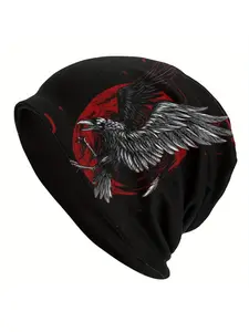 Raven & Red Moon Graphic Skull Cap Beanie for Men, Casual Style Woven Hat, Polyester Elastane Blend, Stretch Fit Headwear