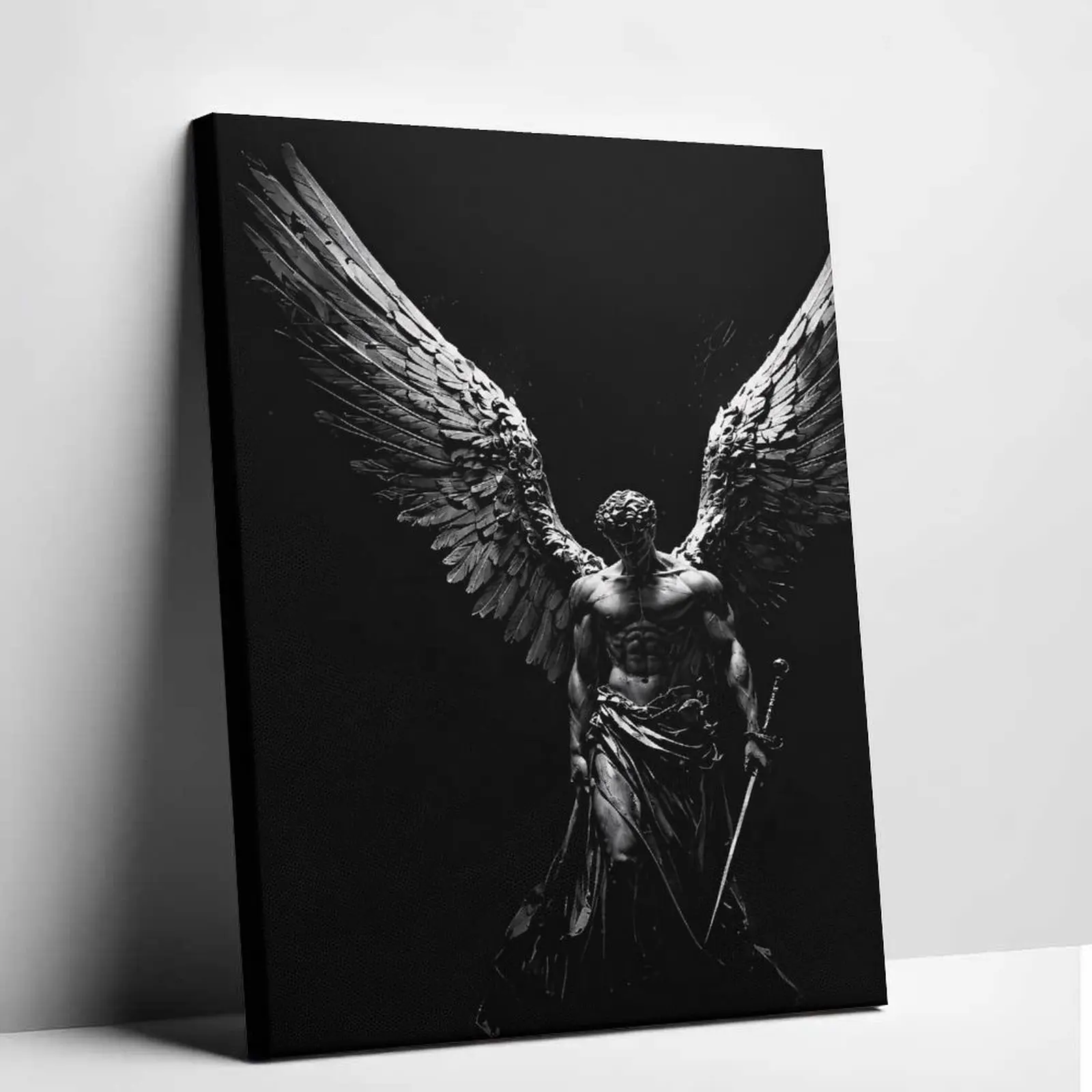 Archangel Michael Canvas Wall Art - Black White Gothic Warrior Poster Print with Fallen Angel Wings, Bold Look Wall Decoration for Living Room, Man Cave Room Decor