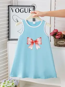 Summer Girls' Dress, Sundress, Casual Dress, Pattern Diamond Bow Design, Elegant Loose-Fitting Sleeveless Top, Perfect for Daily Outing, Birthday Party, Family Trip