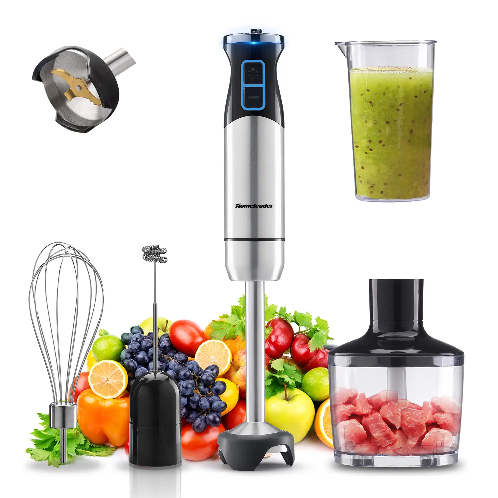 5 in 1 Immersion Blender,500 Watt Electric Hand Blender,9-Speed with Turbo Mode, Portable Stick Blender with Whisk, Milk Frother Attachments, Stainles