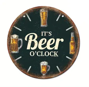 Vintage Metal Aluminum Beer O'Clock Sign (8"x8") - Wall Hanging Decor for Man Cave, Garage, Outdoor, Home Bar | Waterproof, Weather Resistant, Pre-Drilled | Unique Gift for Beer Lovers