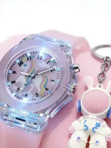 Cute Unicorn Wrist Watch Set with Glow-In-The-Dark Quartz Watch and Space Keychain, Perfect Gift for Boys Girls Birthday Valentine's Day Easter