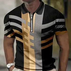 Men's Fashion Color blocked Pattern Printed Short Sleeve Zipper Shirt, Collar Top Pullover, Summer Men's Clothing