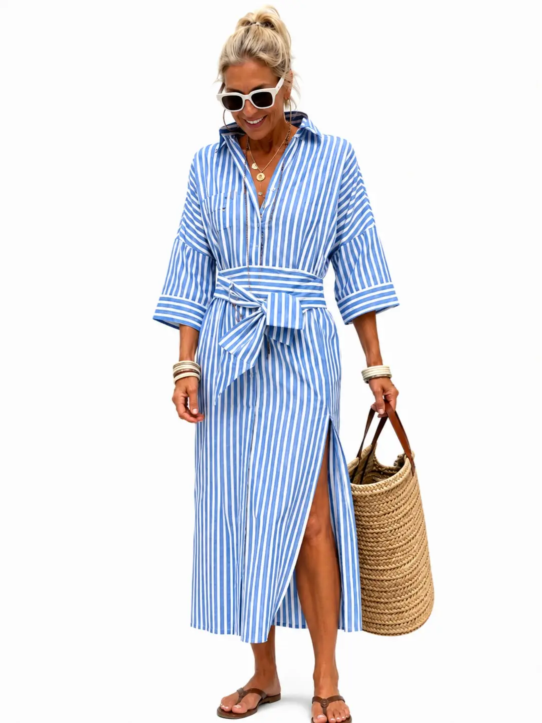 utcoco Women Striped Cotton Shirt Dress, Simple Bohemian Long Dress Casual with 3/4 Sleeve and Tie Waist for Vacation, Chic, High Waist, Maxi Dress For Women