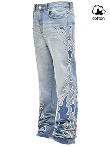 Men's Embroidered Denim Jeans, Heavy Craft Button Fly Design, Fitted Casual Elastic Bell Bottoms, Comfortable Fashion Style, Streetwear