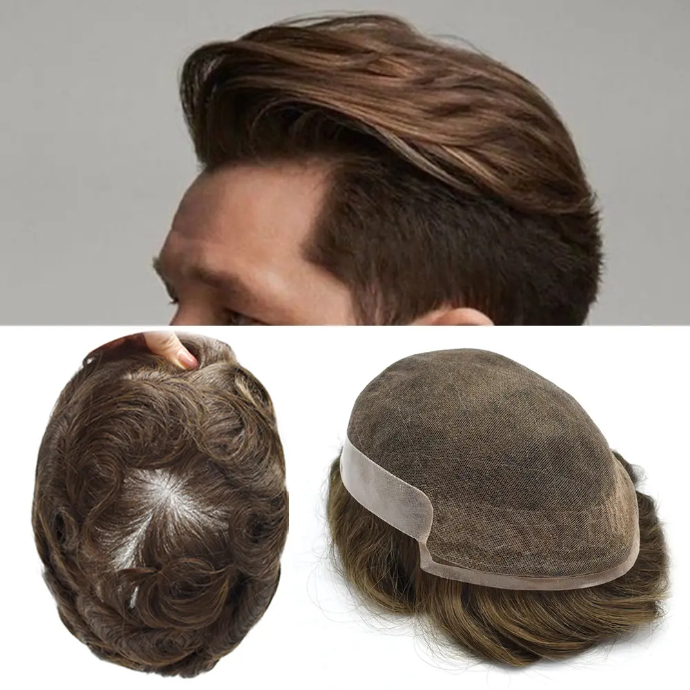 Ewigs Toupee for Men Real Human Hair System Replacement French Lace Front Mens Toupee Hairpiece Poly Skin NPU Wig with Natural Invisible Hairline and Breathable Comfort