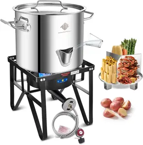 Stainless Steel Steamer Pot with Propane Burner for Outdoor Cooking - Large Pot with Water Spout, Divider and Steamer Rack (Cast Iron, 52)