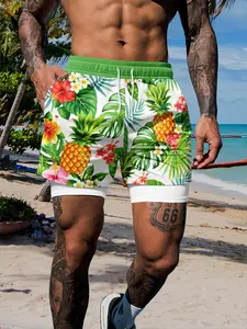 Double Layer Anti-Slip Beach Shorts, Tropical Pineapple Floral Full Print, Quick-Dry Casual Summer Shorts, Drawstring Waist, Fitted Style