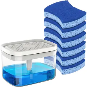 Dish Soap Dispenser with Sponge Holder and Scrub Sponge Set, Kitchen Soap Dispenser with 30 oz Large Capacity and 6 Pack Non Scratch Dish Sponges
