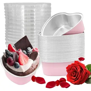 30 Pcs Heart Shaped Cake Pans with Lids, Mini Pink 3.4oz/100ml Aluminum Foil Baking Tins, Disposable Cupcake Containers for Valentine's Day, Mother's Day, Wedding, Party