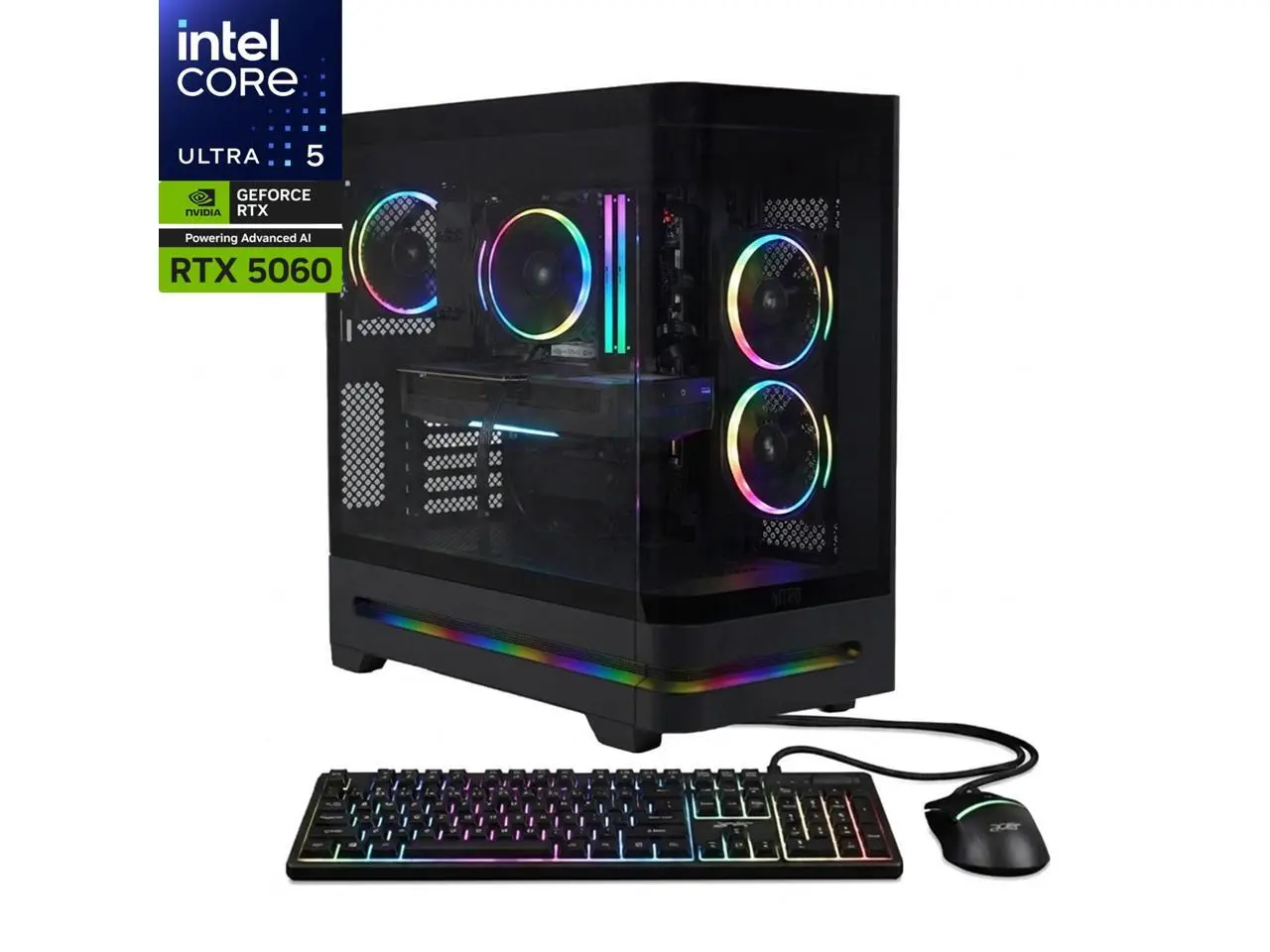 Acer Nitro 85 N85-600-UR21 Desktop, Intel Core Ultra 5 processor 225F (Up to 13 NPU TOPS), NVIDIA GeForce RTX 5070 Graphics (614 AI TOPS), 16 GB DDR5 Memory, 1 TB PCIe 4.0 NVMe SSD, Wi-Fi 7, USB Keyboard & Mouse, Windows 11 Home