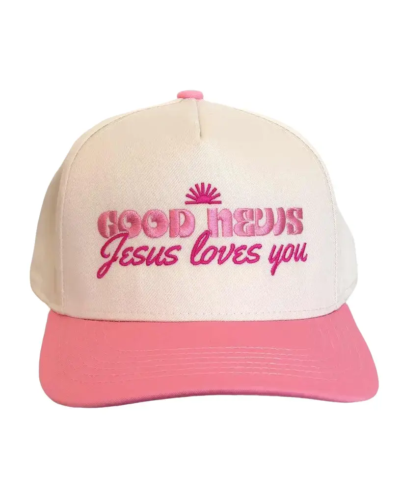 Good News Jesus Loves You Embroidered Hat – Pink and Cream Christian Trucker Cap, Faith-Based Gift for Her, Uplifting Religious Retro Hat