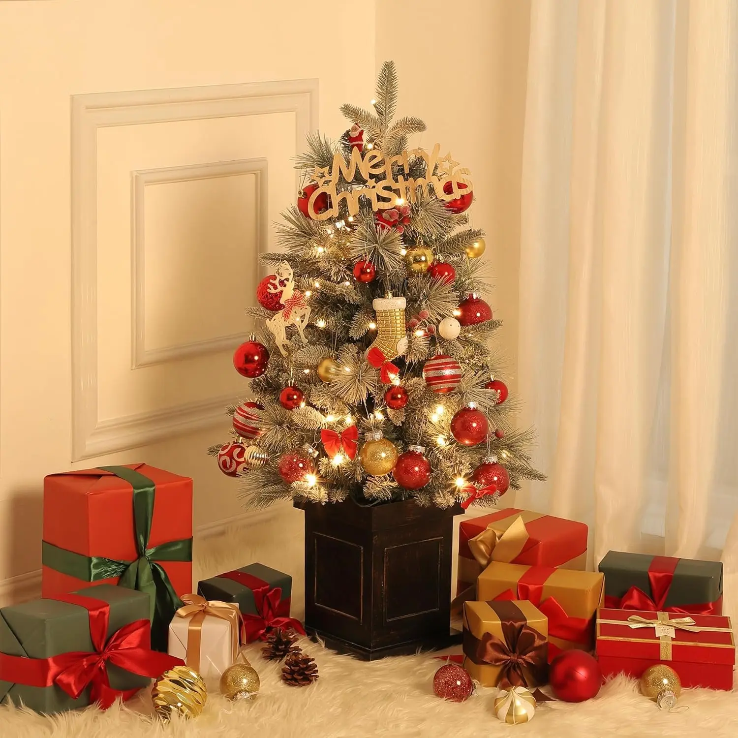 3 FT Slim Contour Traditional Pre-Lit Metal-Framed Realistic Artificial Potted Christmas Tree - Tabletop Flocked Miniature Decor, 78 Warm White Lights, Berry Clusters, PE Branches, Ornaments, Battery-Operated for Dresser, Room Decor