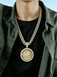 18k Rotatable Rooster Pendant, 24 Inch Cuban Link Chain, Inlaid Rhinestones, Retro Hip-Hop Punk Necklace, Jewelry Gift, Cuban Chains