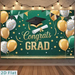 1PC,2D Flat Backdrop Graduation Party Decor Backdrop, Congrats Grad Theme with Grad Cap, Diploma, Balloons & Bunting, Perfect for Graduation Celebration, Adds Festive Atmosphere to Graduation Event