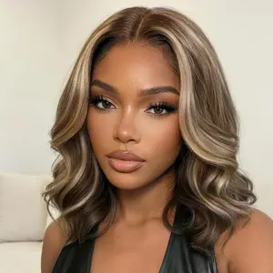 UNice Glueless Dark Brown with Honey Blonde Highlights Layered Cut Bob Wig Pre Cut 13x4 HD Lace Frontal Human Hair Loose Wave Wigs with Drawstring  Bleached Knots Beginners Friendly