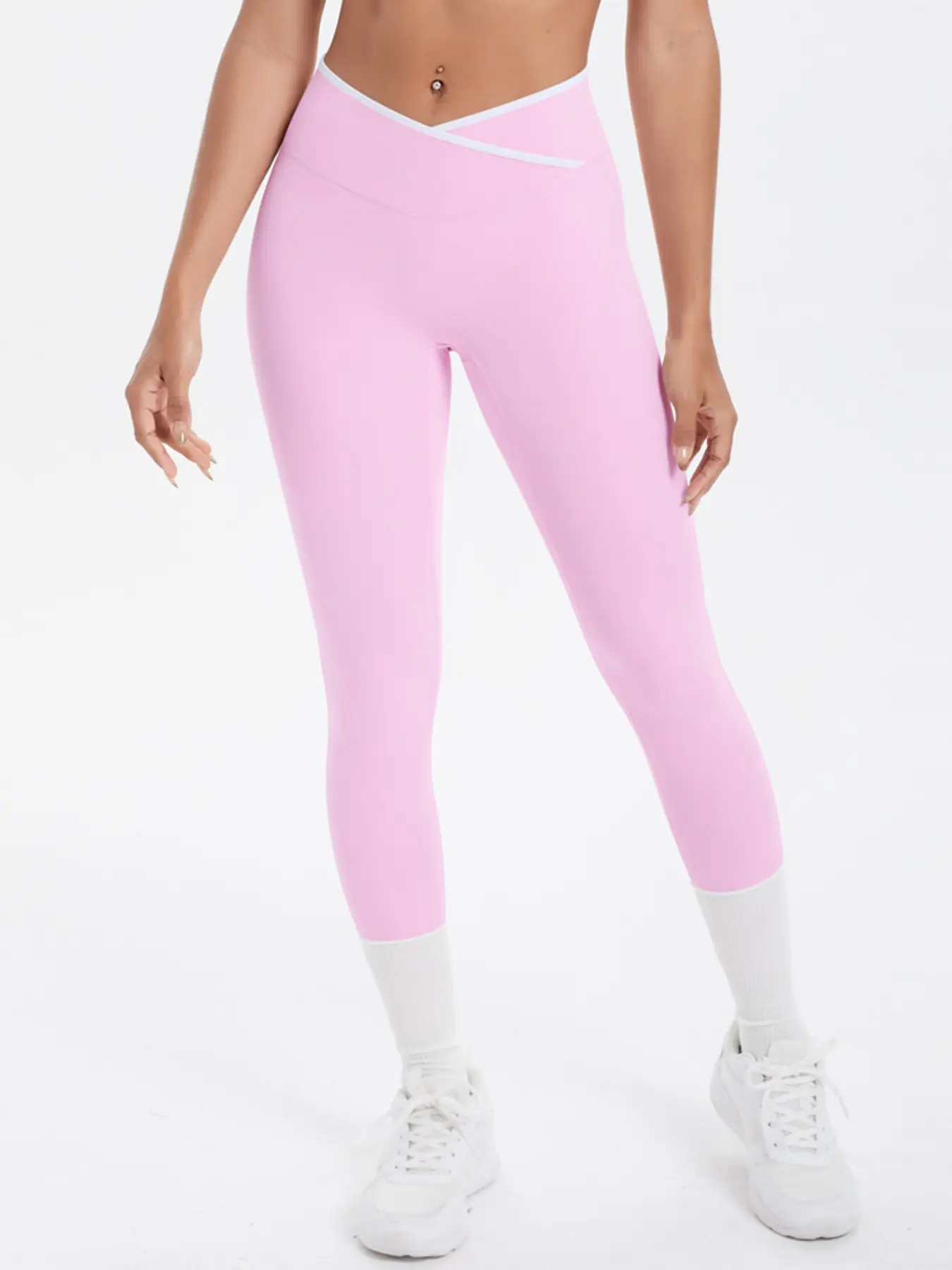 Women's Cross Waist Fitness Leggings, Cross Waist Abdominal Control Running Jogging Pants, Colorblock Sporty Long Tights for Pilates Training