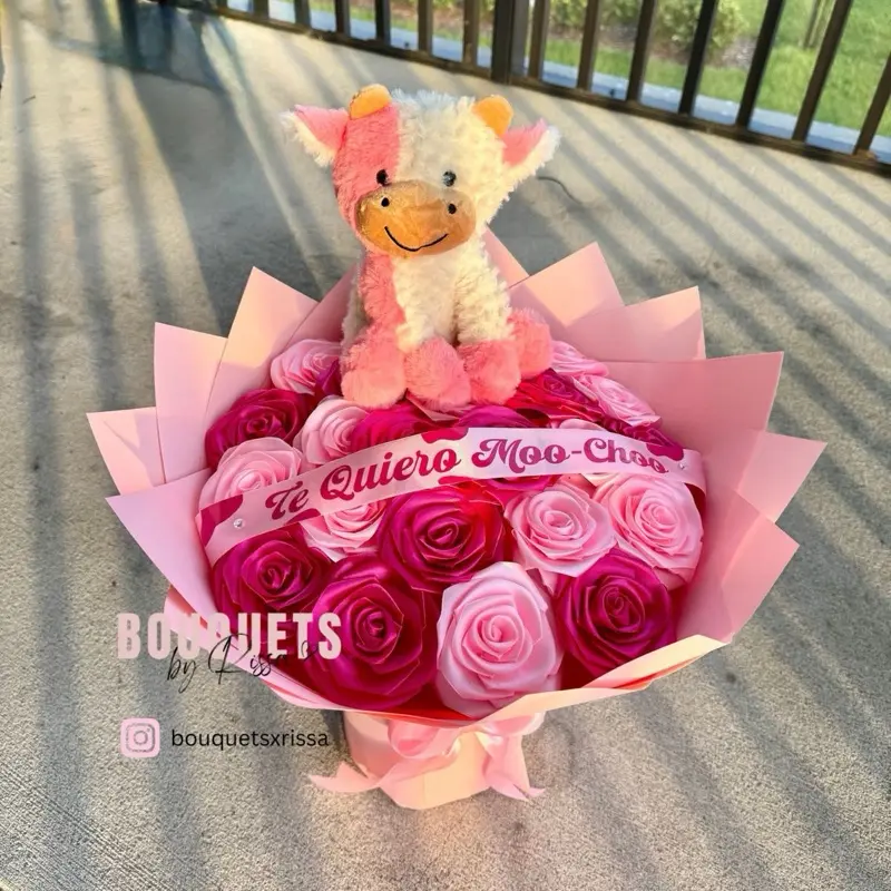 Pink cow eternal rose bouquet with custom banner, cow print