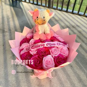 Pink cow eternal rose bouquet with custom banner, cow print