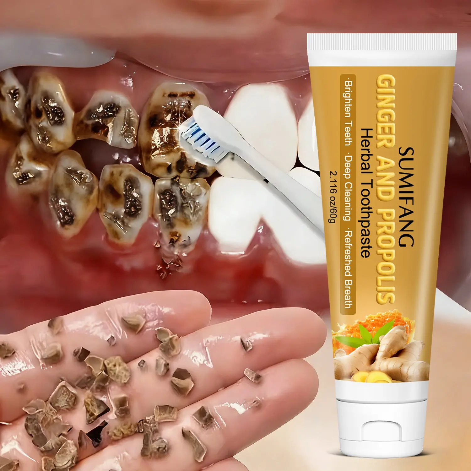 Ginger Propolis Herbal Oral Daily Toothpaste 60g, Ginger + Propolis + Vitamin C, for deep cleaning, Cleansing and whitening, Plaque remover, Freshens breath and provides long-lasting protection, Natural herbal formula suitable for the whole family
