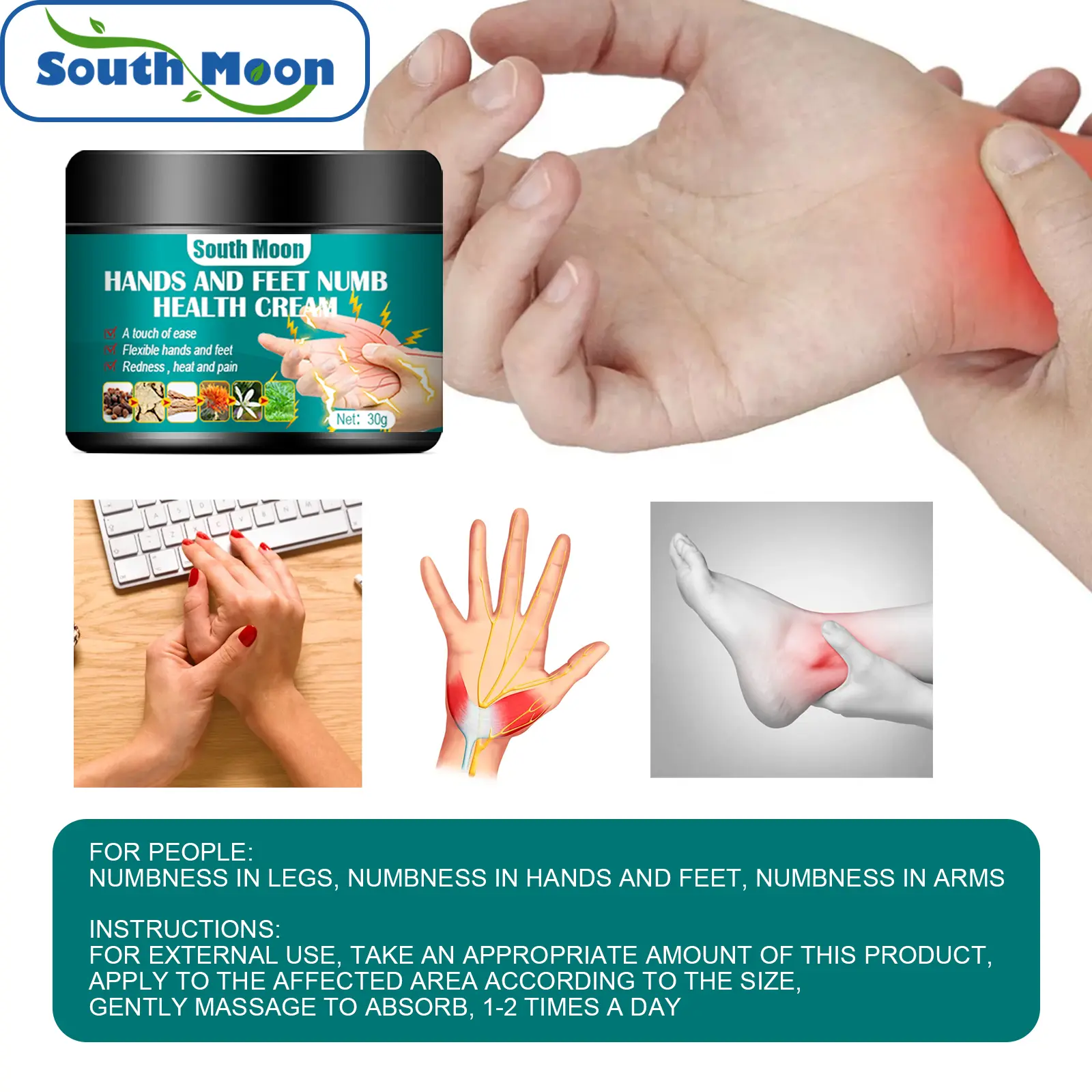 South Moon 30g Herbal Numbing Cream - Therapeutic Treatment for Adults, Soothes Tingling and Pain in Hands & Feet