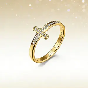 Stylish cross ring, simple stainless steel ring with inlaid synthetic zirconia, suitable for daily wear, anniversaries, and gifting