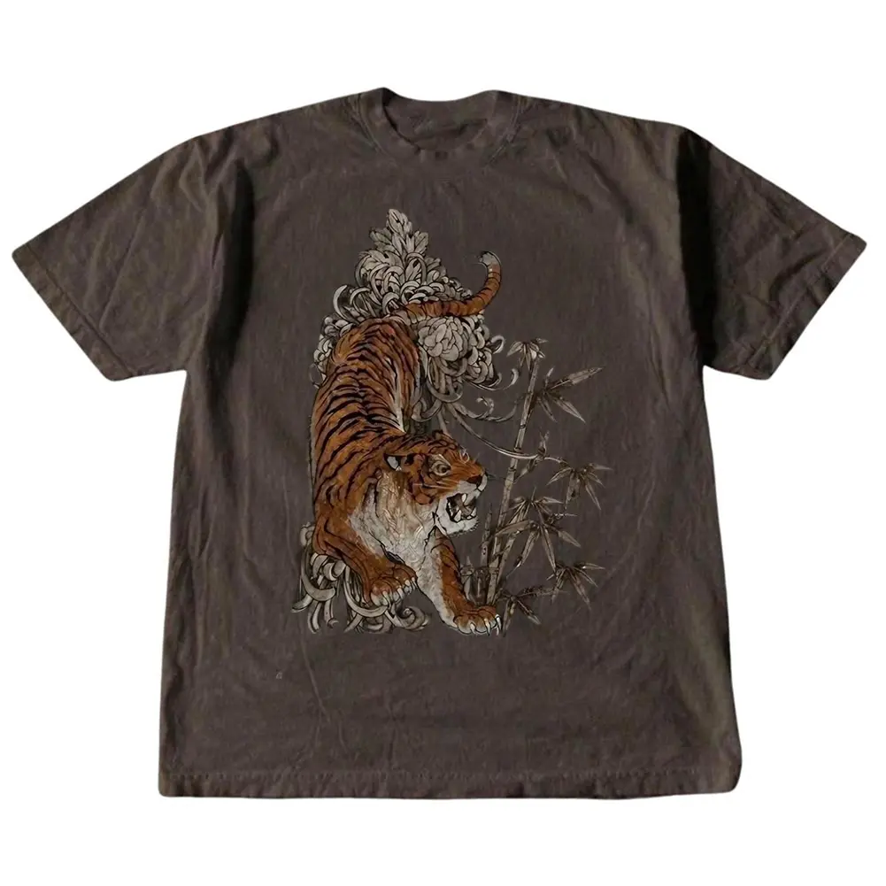 The Vintage Roaring Tiger Shirt, Y2K Oriental Wildlife T-Shirt, Bamboo and Chrysanthemum Graphic Tee, Gift for Women, Gift for Men, Crew Neck T-shirt, Trending T-shirt