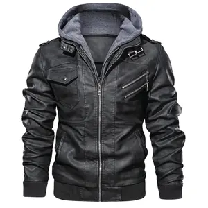 Men's Faux Leather Jacket Stand Up Collar Motorcycle Bomber Jacket with Hood