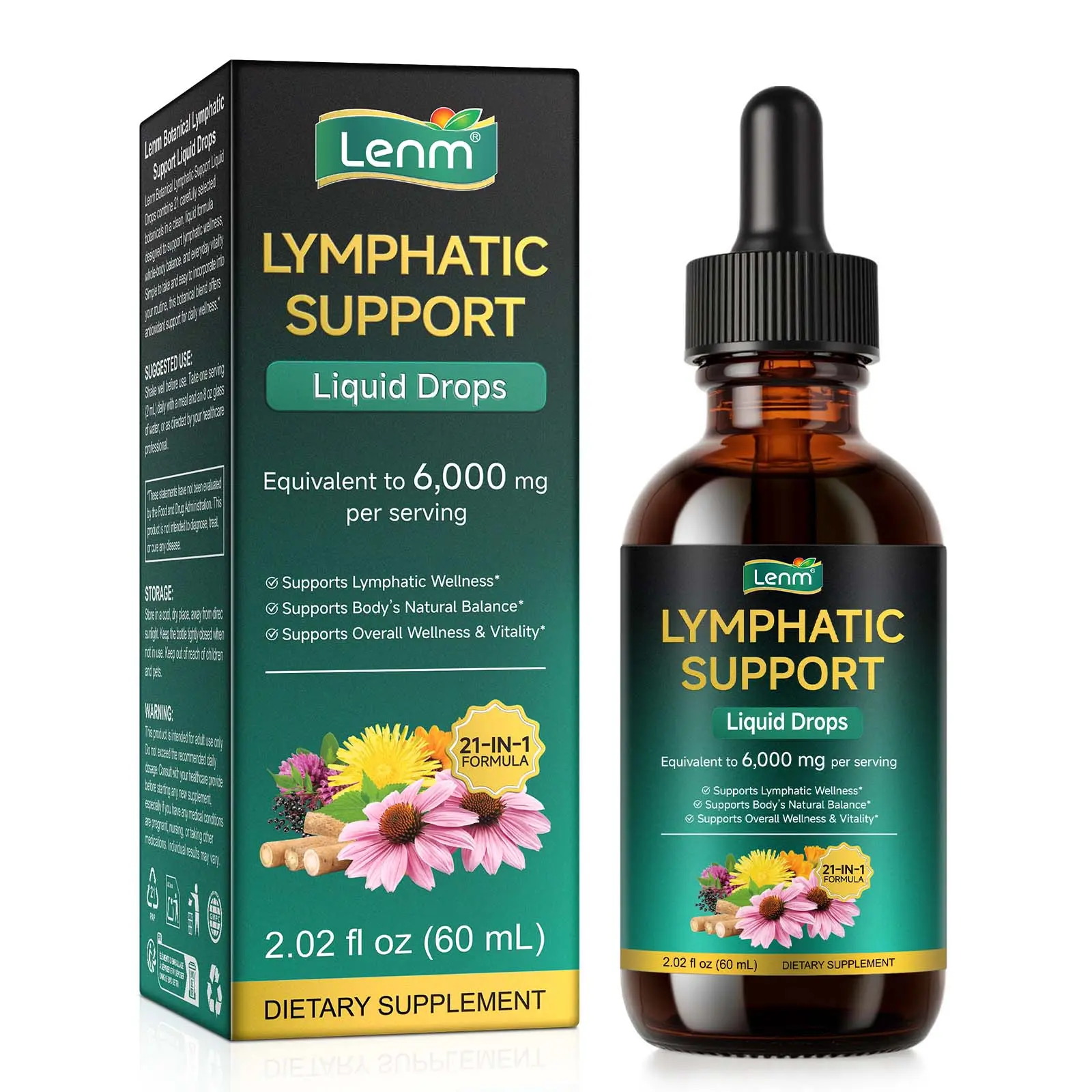 Lenm 21-in-1 Lymphatic Drainage Dietary Drops - All Natural Healthcare Supplement, Dairy-Free, Gluten-Free Detox Aid, 30-Day Supply with Turmeric, Echinacea, Dandelion, Burdock, Bromelain, Calendula & More - Plant-Based Support for Adults tiktokshopbackto