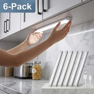 6-Piece LED Motion-Sensor Strip Light Set, USB Rechargeable Adjustable Leds Indoor Lighting for Closet, Cabinet, Kitchen, Desk, Night Light, Hallway and Stairs