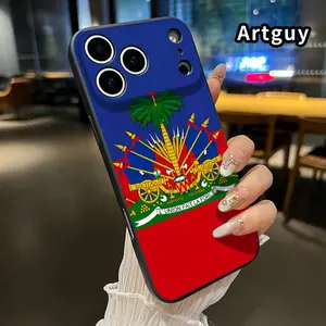 Haiti Emblem Pattern Straight Edge Phone Case for iPhone 17 15 16 14 Pro Max 13 12 11 XR XS Plus Air E Shockproof Drop Protection Rugged Durable Liquid Silicone Cover Cellphone Protective