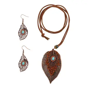Boho Leaf Necklace and Earrings Set for Women Turquoise Wood Bead Western Tribal Dangle Jewelry