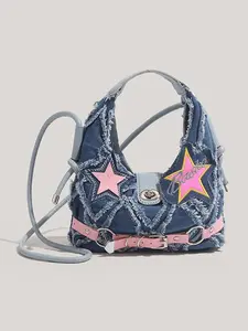 Distressed denim checkerboard bucket bag, Denim crossbody bags, Stylish crossbody bag, drawstring cuff, one-shoulder crossbody women's bag, Casual Bag, niche design, compact, versatile for commuting, suitable for students